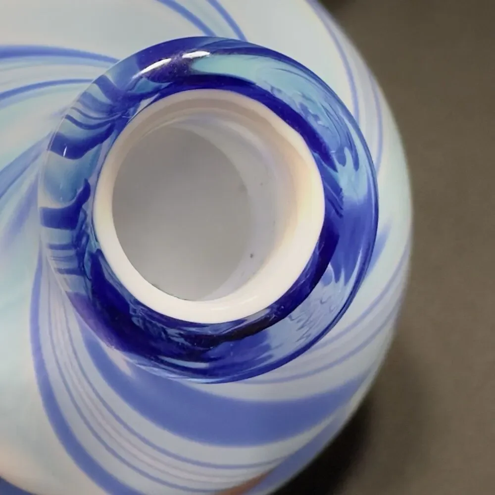 Art Glass Vase Blue White Swirl 8